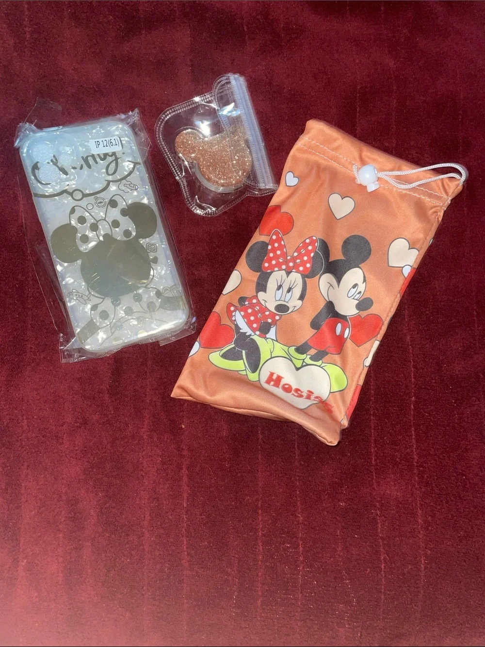 Mickey & Minnie Orange Drawstring Phone Pouch with Clear Minnie Phone Case